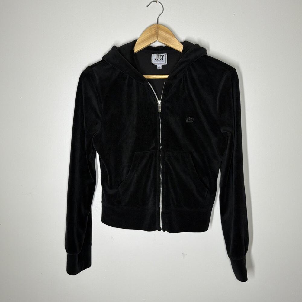 Juicy by Juicy Couture Velour Velvet Track Hoodie Medium Black Full Zip Y2K Logo